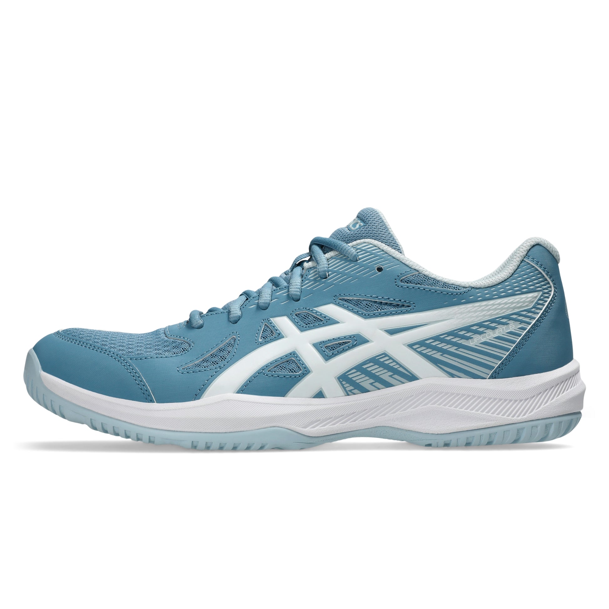 Blue and white squash shoe on a white background