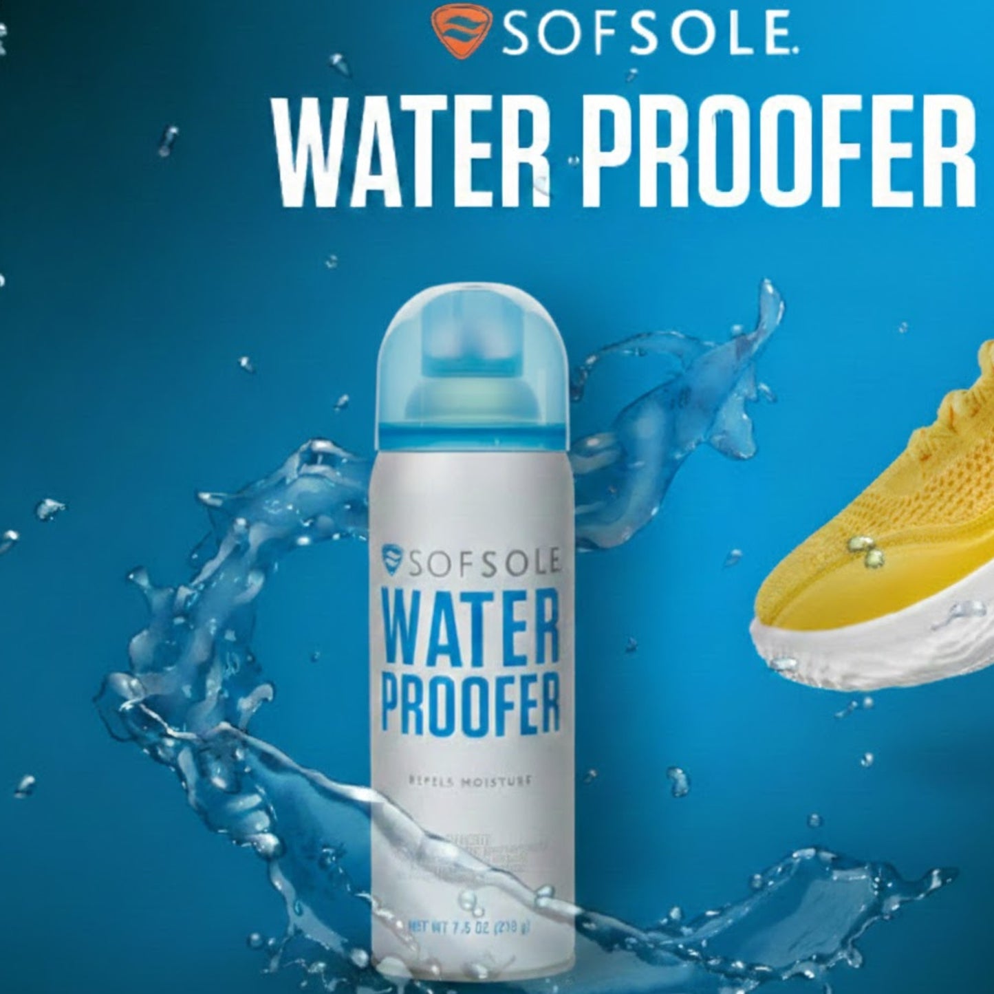 Sof Sole water proofer spray with a yellow shoe on a blue background