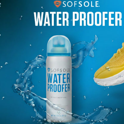 Sof Sole water proofer spray with a yellow shoe on a blue background
