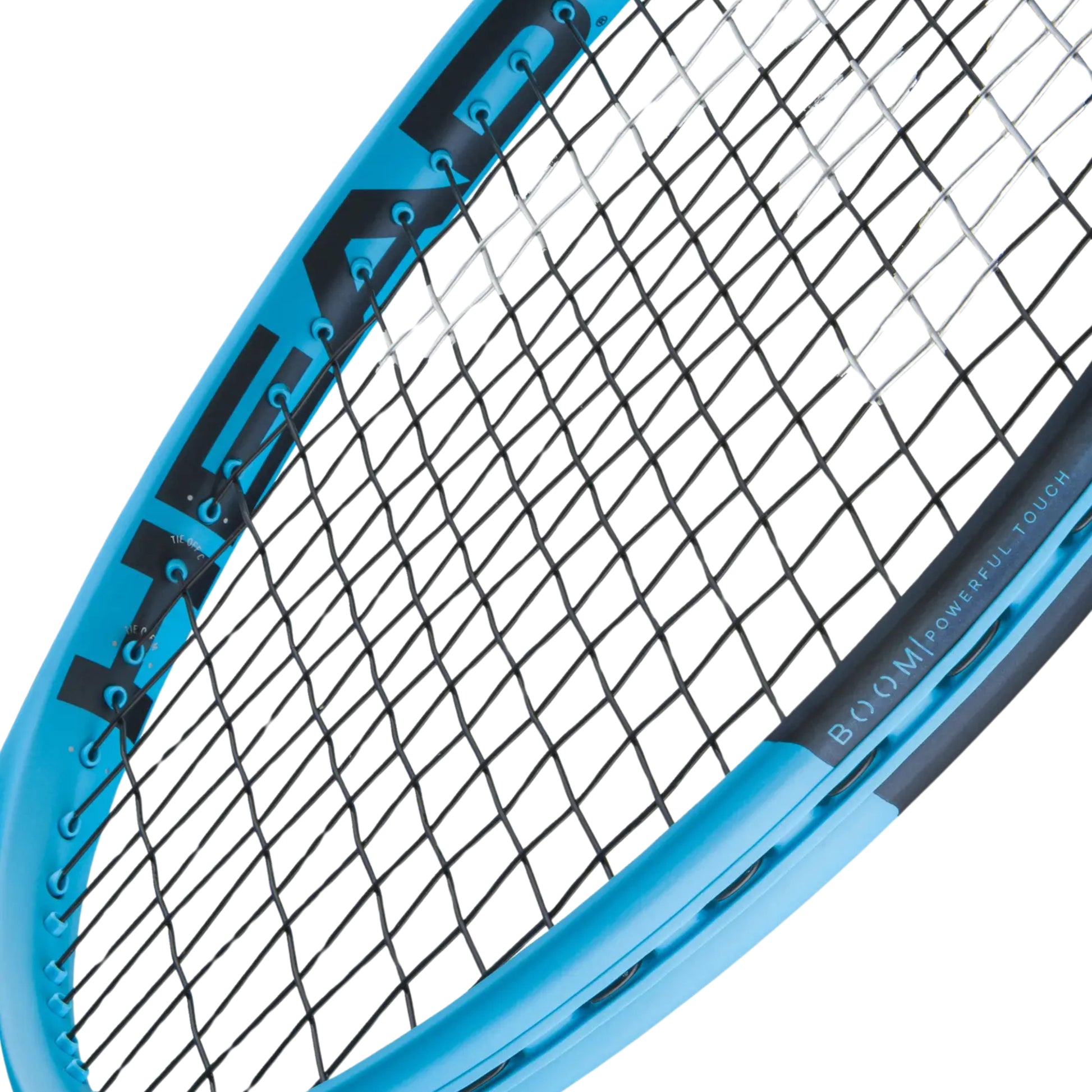 Close-up of a blue Head tennis racket with brand name on a white background