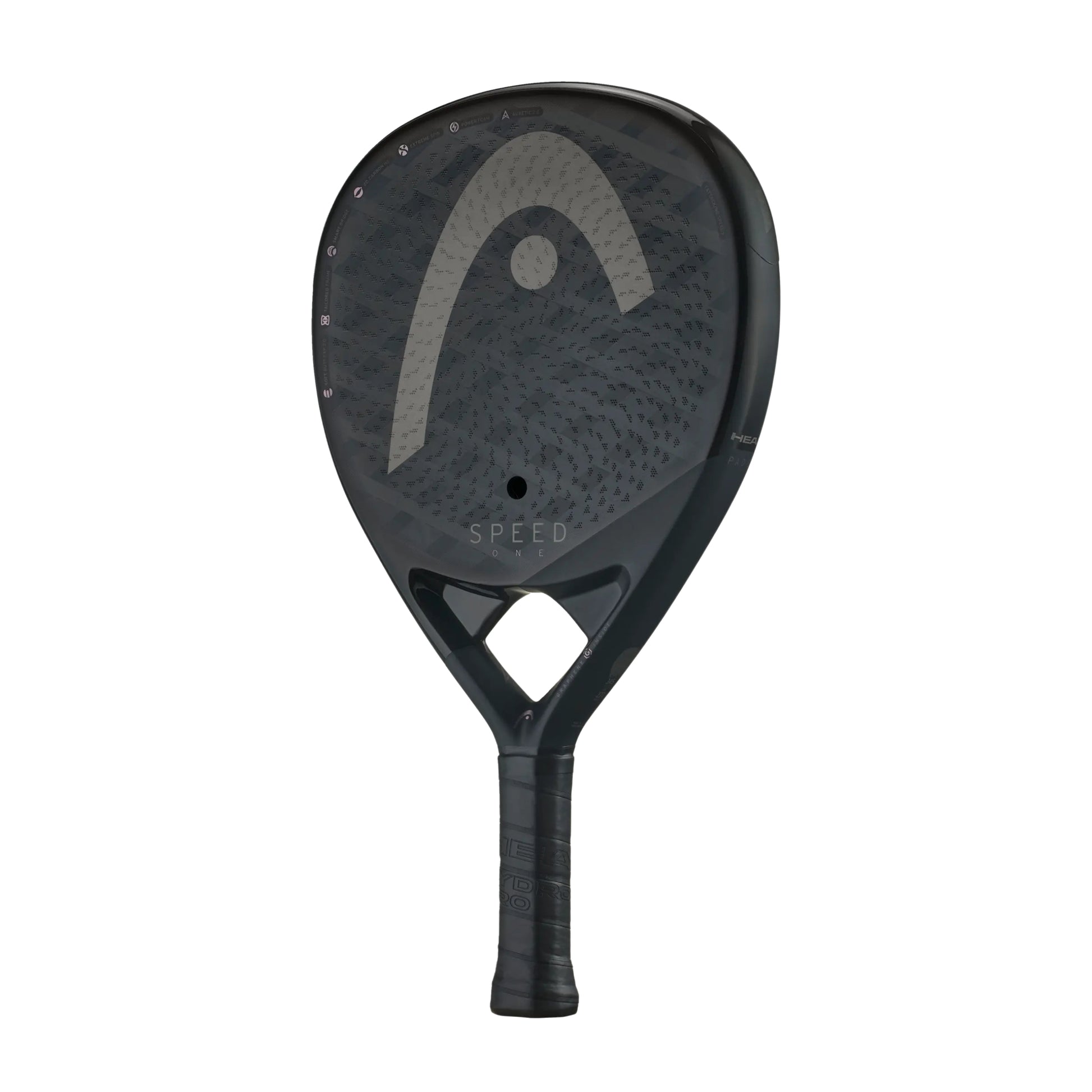 Black with gold accents Head racket with wording Speed on a whte background