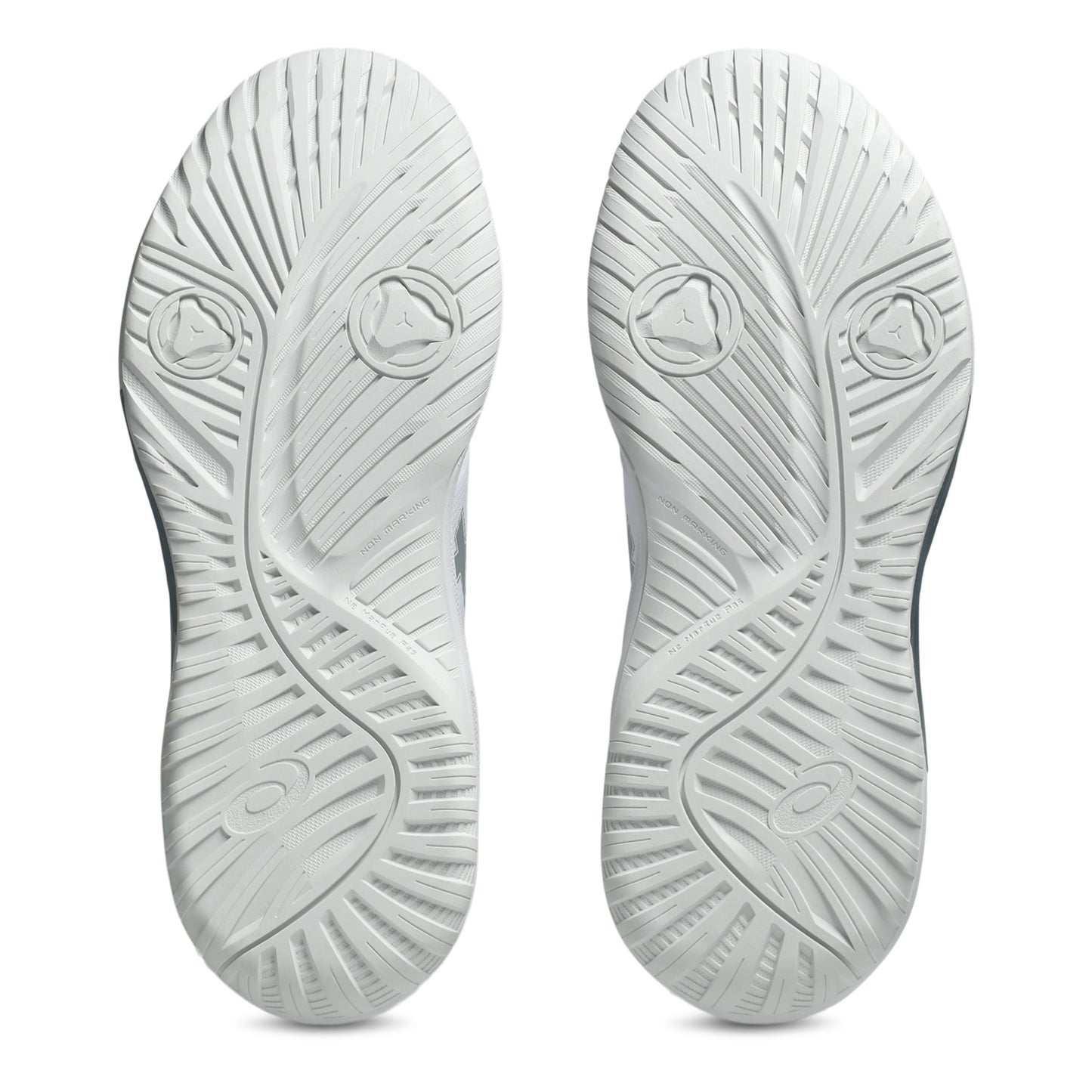The outsoles of a pair of tennis shoes, shown from the bottom against a plain white background.