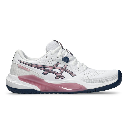 A white ASICS tennis shoe with a pink and navy blue design, featuring the ASICS logo on the side and a translucent pink midsole accent, shown against a plain white background.