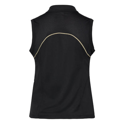 Black sleeveless tank top with a logo on a white background