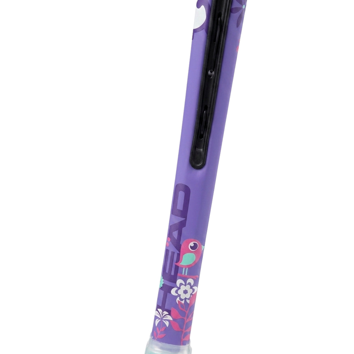 A close-up of a purple Head tennis racket handle featuring a colorful parrot and floral pattern, with a black grip tape section.