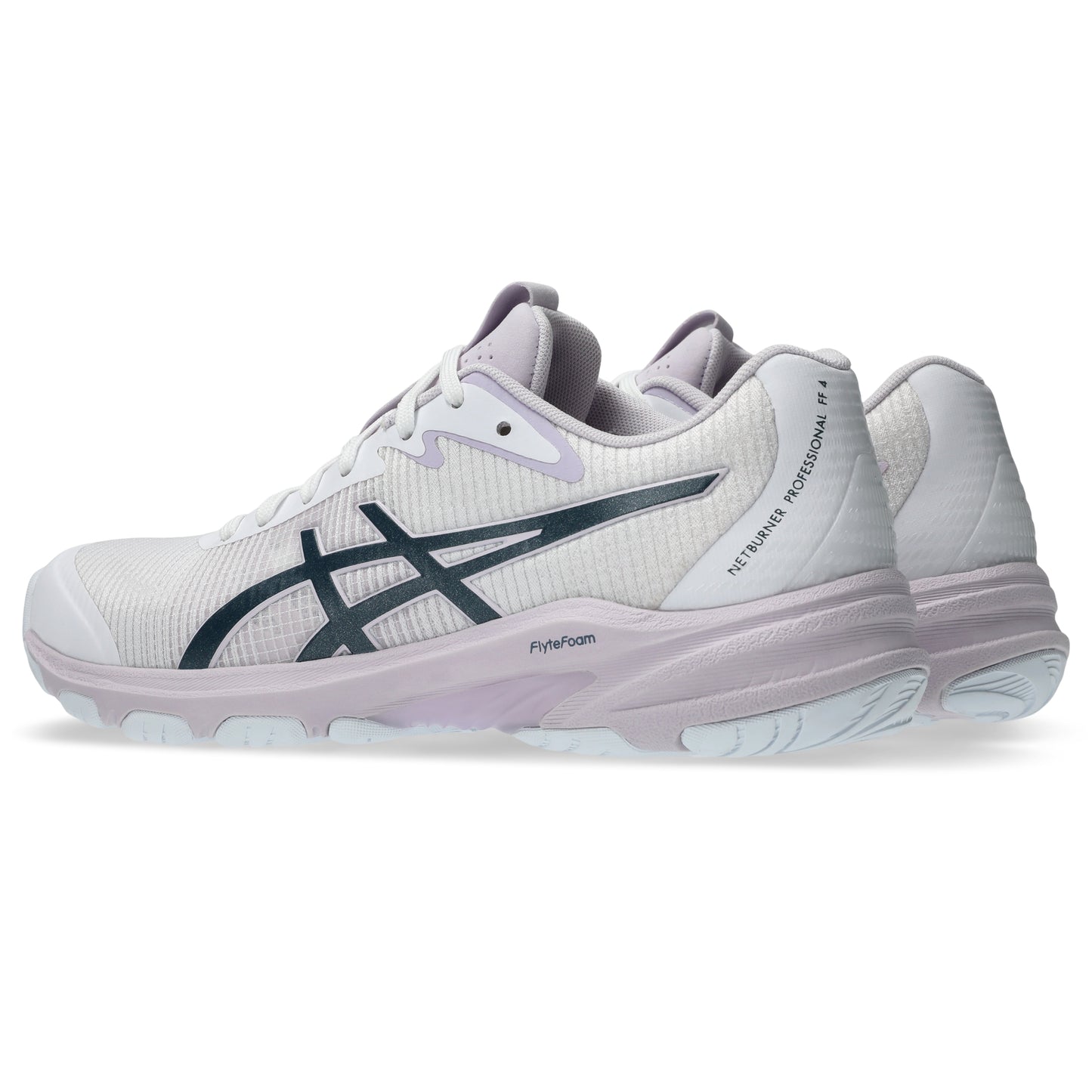 White Asics shoes with a blue logo on a white background