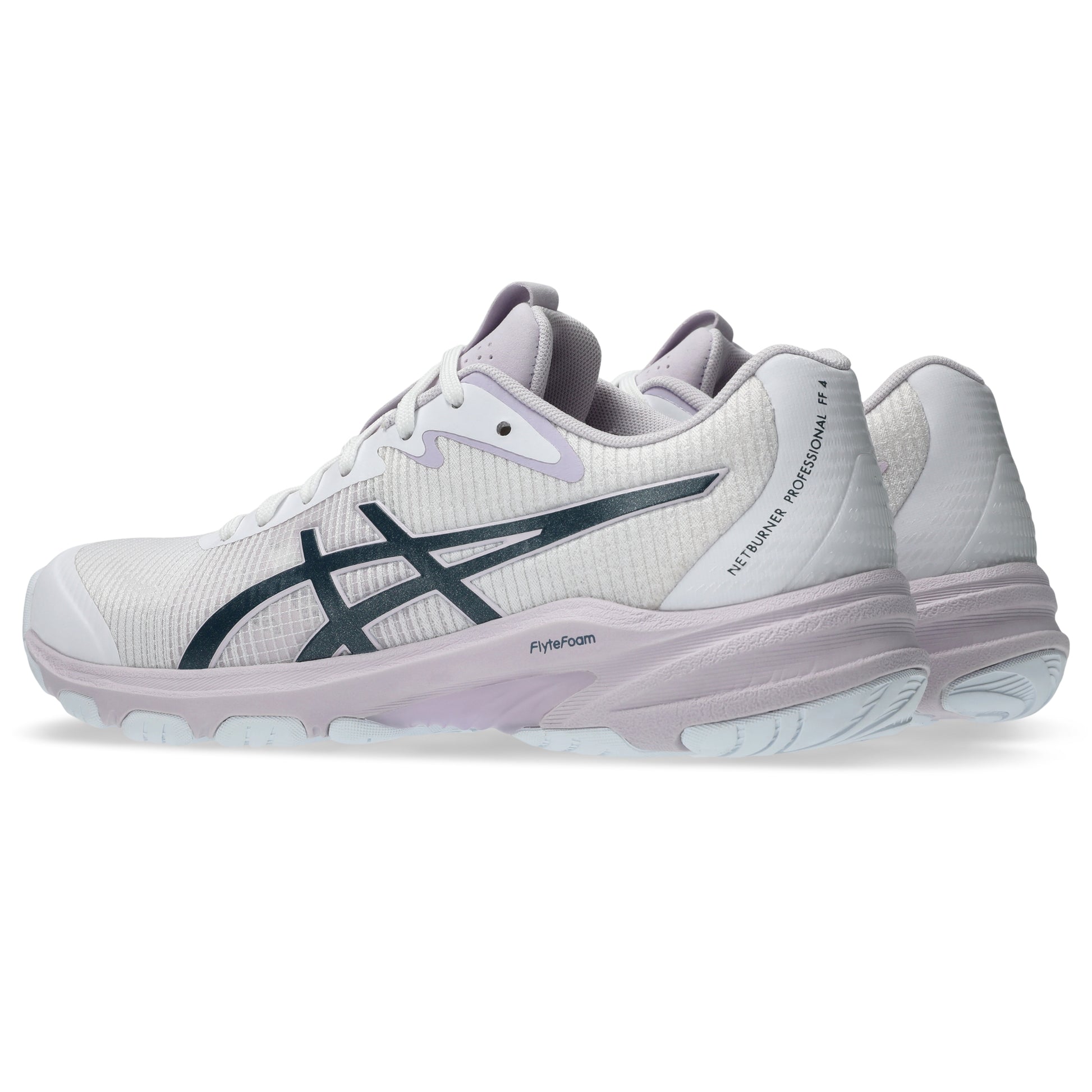 White Asics shoes with a blue logo on a white background