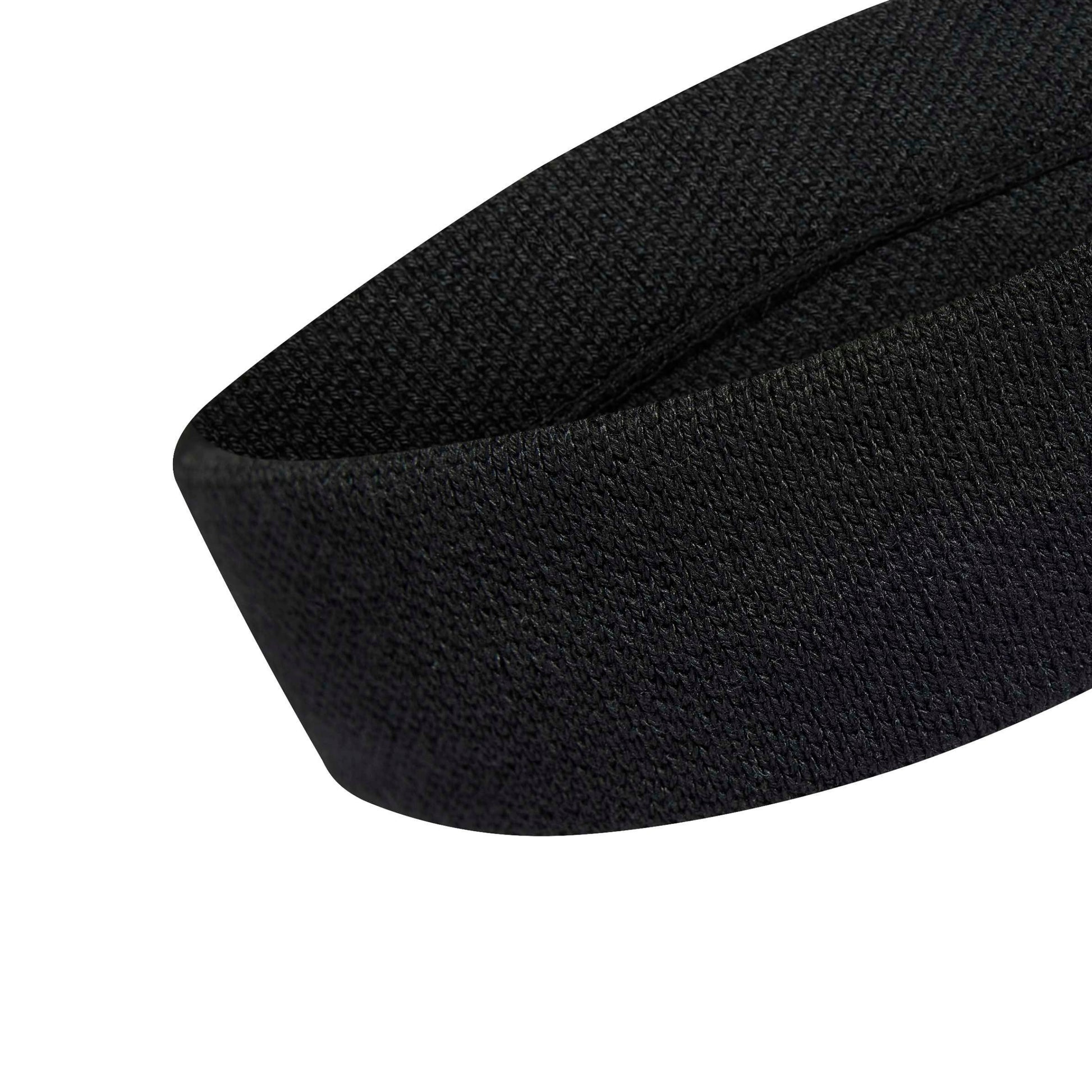 A close-up of a black headband on a solid white background.