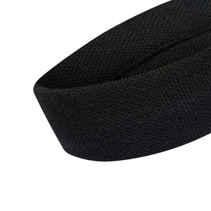 A close-up of a black headband on a solid white background.