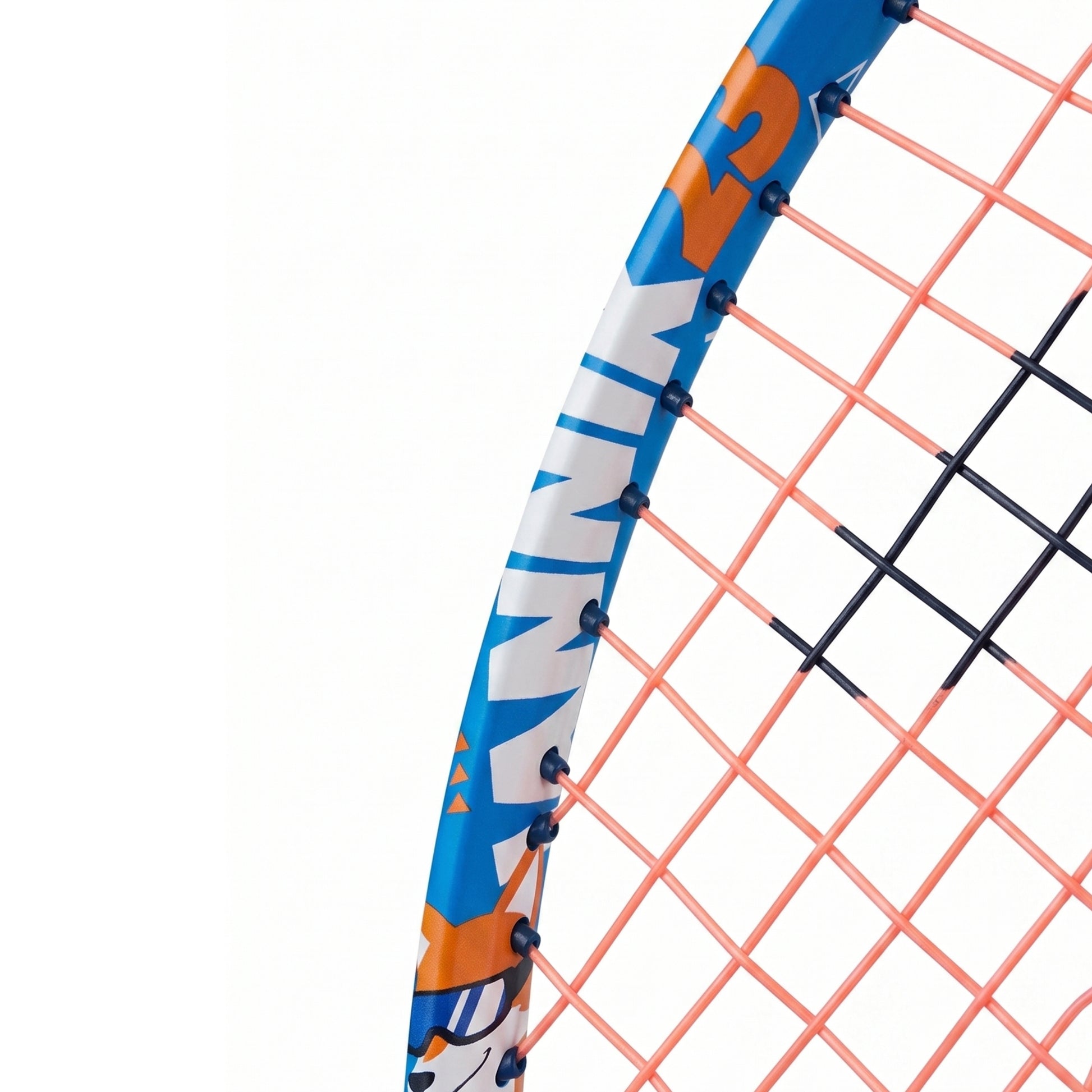 Close-up of a Head tennis racket showing the blue frame with orange and white graphics, orange strings, and black string tensioners against a white background.