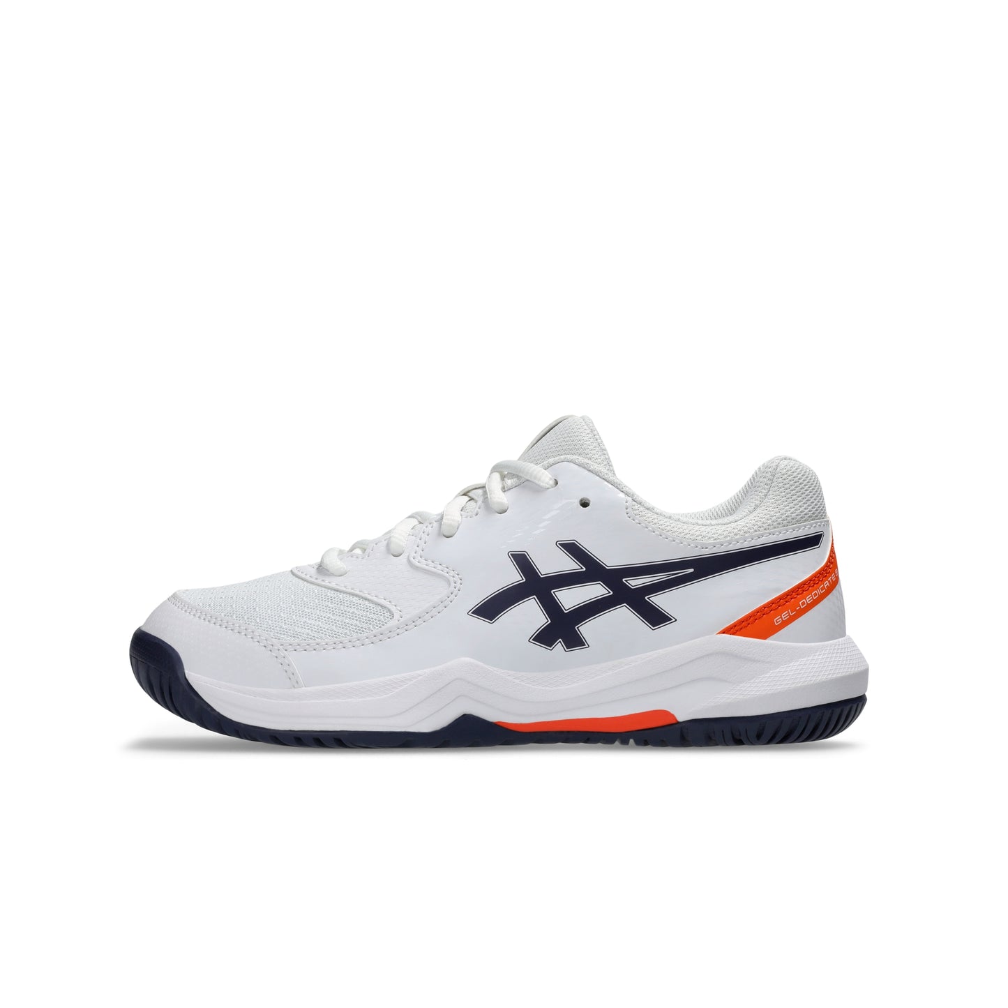 White Asics tennis shoe with black and orange accents on a white background
