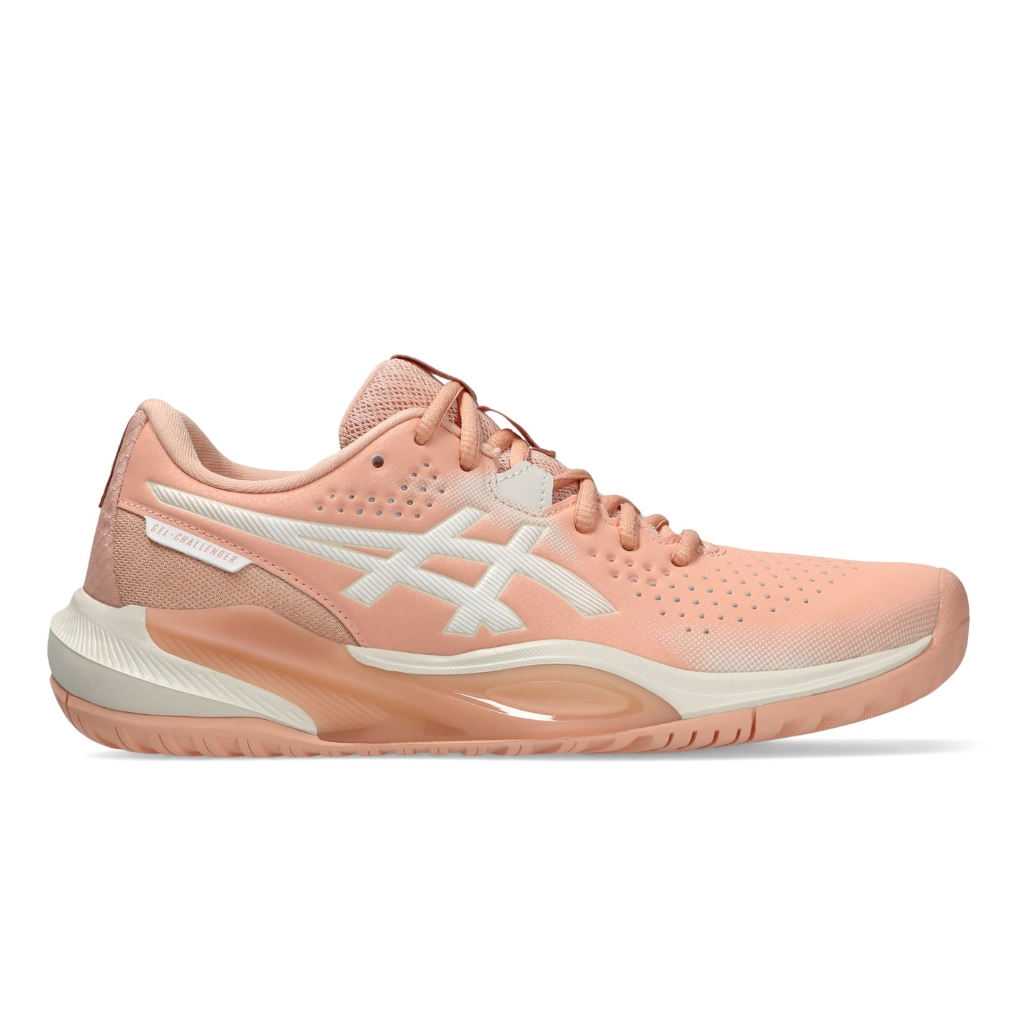 A single Asics tennis shoe in a soft peach and white colorway, shown from the side profile against a clean white background.