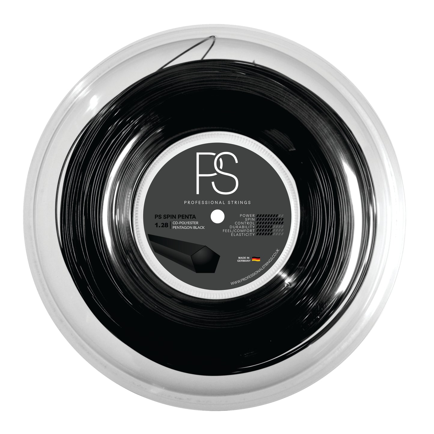 Black tennis string with FS logo on a white background