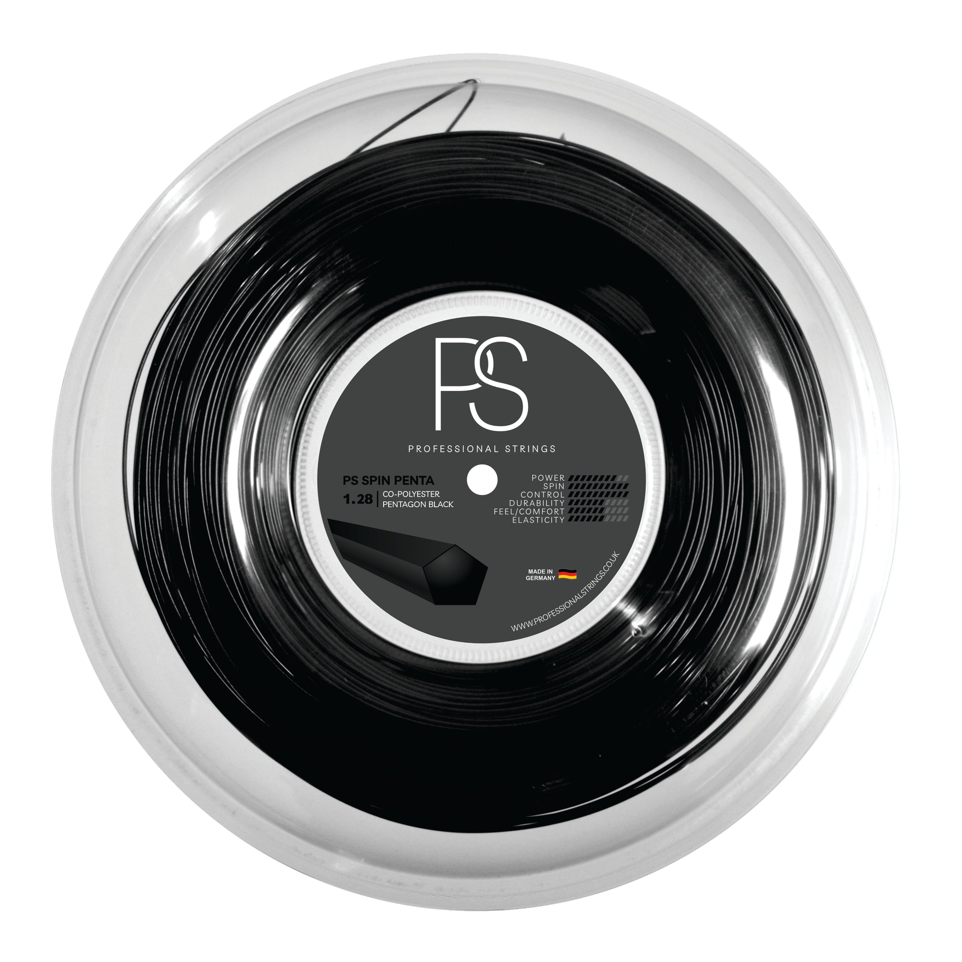 Black tennis string with FS logo on a white background