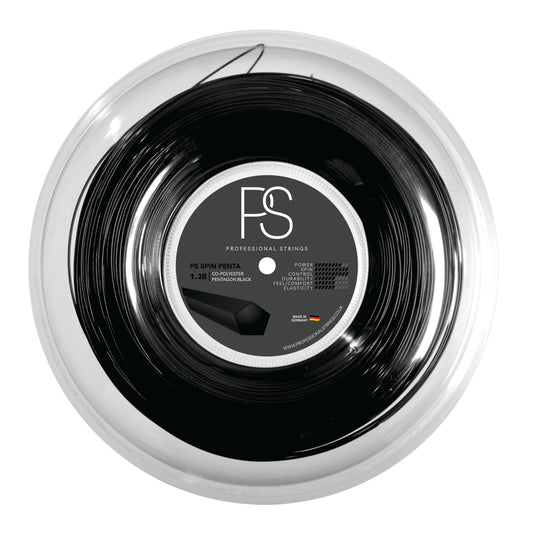 Black tennis string with FS logo on a white background