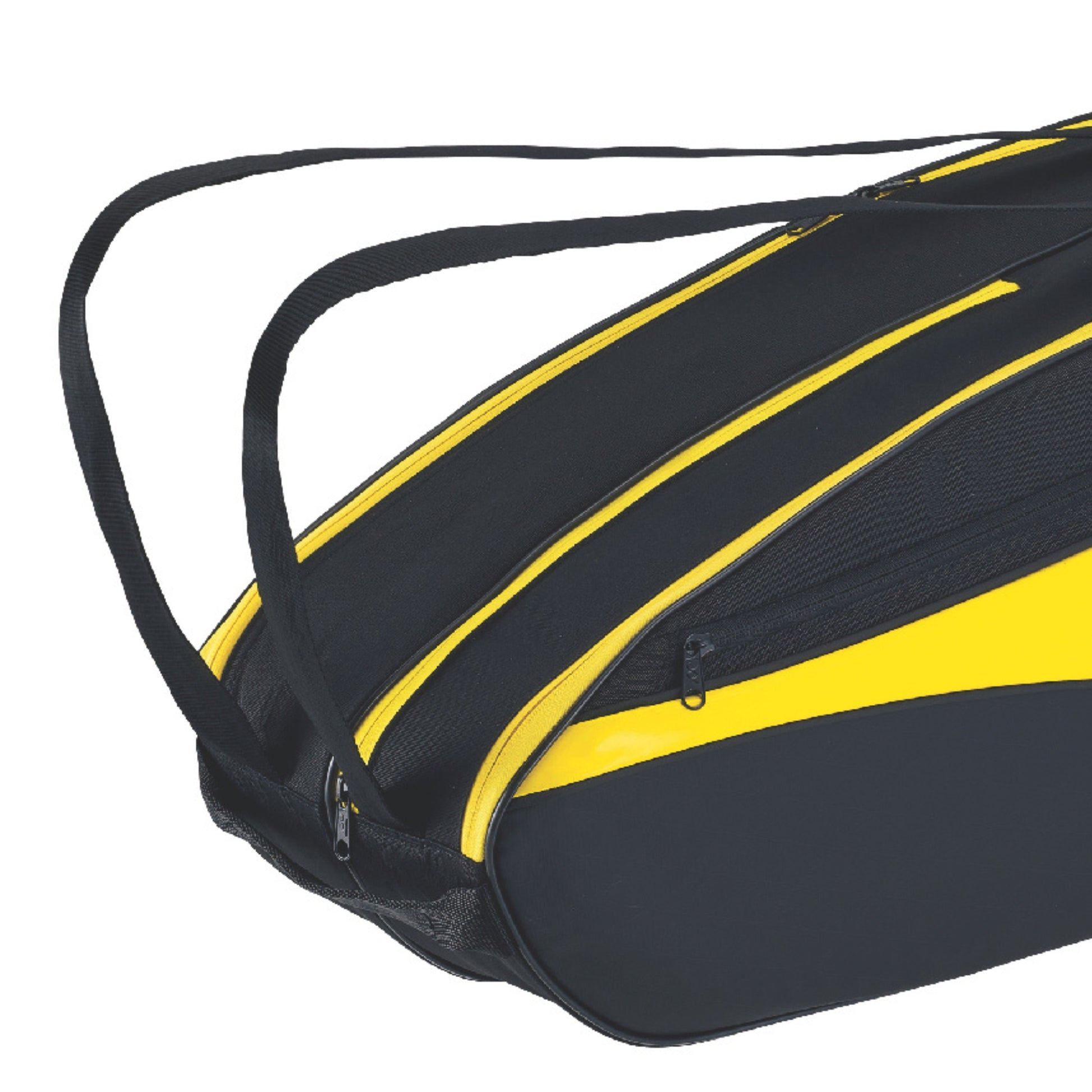 Black and yellow Yonex tennis racket bag on a white background