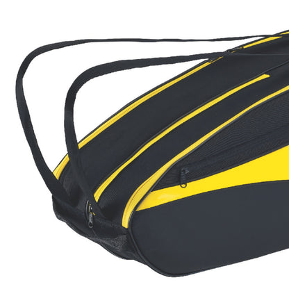 Black and yellow Yonex tennis racket bag on a white background