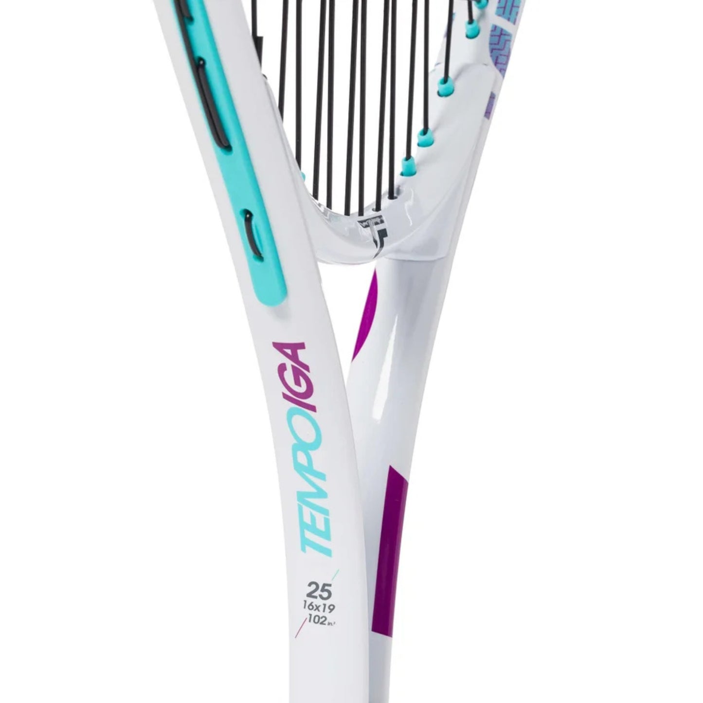 Tennis racket with white frame, teal accents, and purple text on a white background