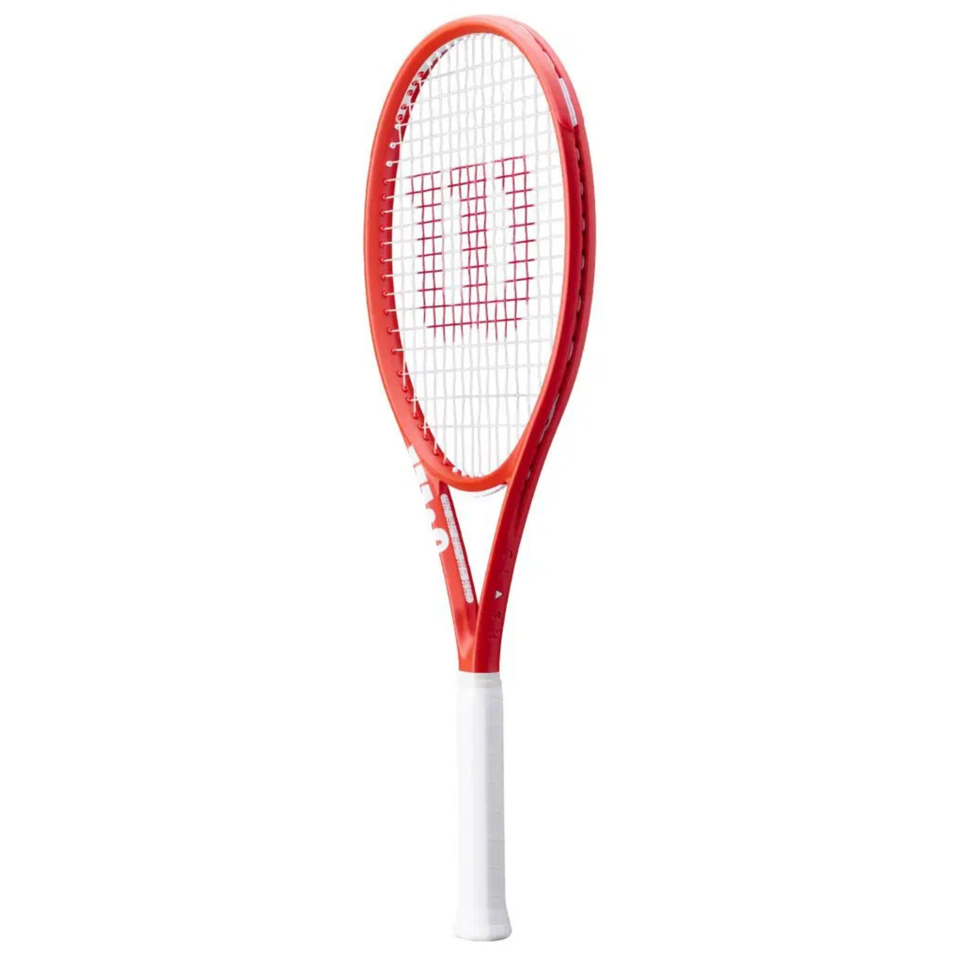 Red and white tennis racket with a brand logo on a white background