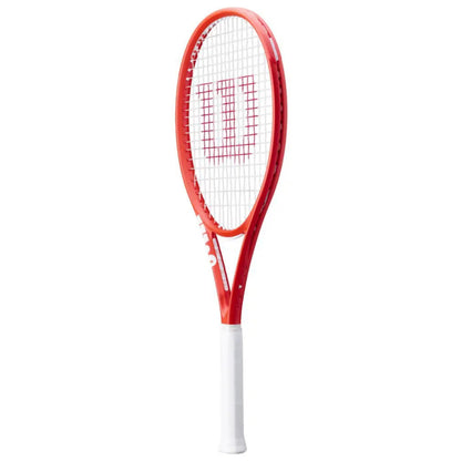Red and white tennis racket with a brand logo on a white background