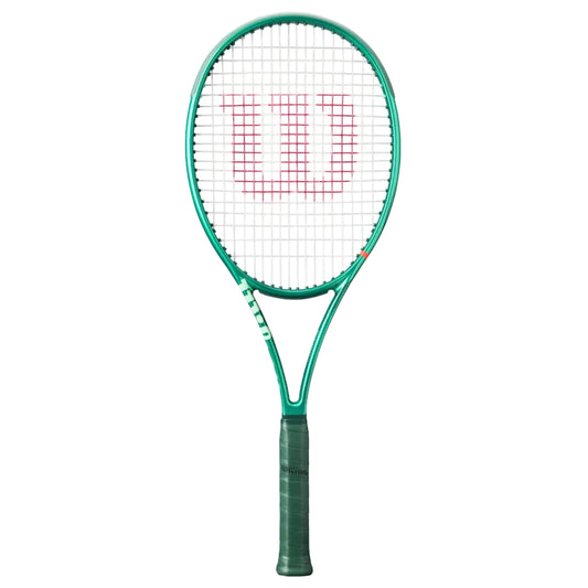Green Wilson tennis racket with a white strings pattern on a white background