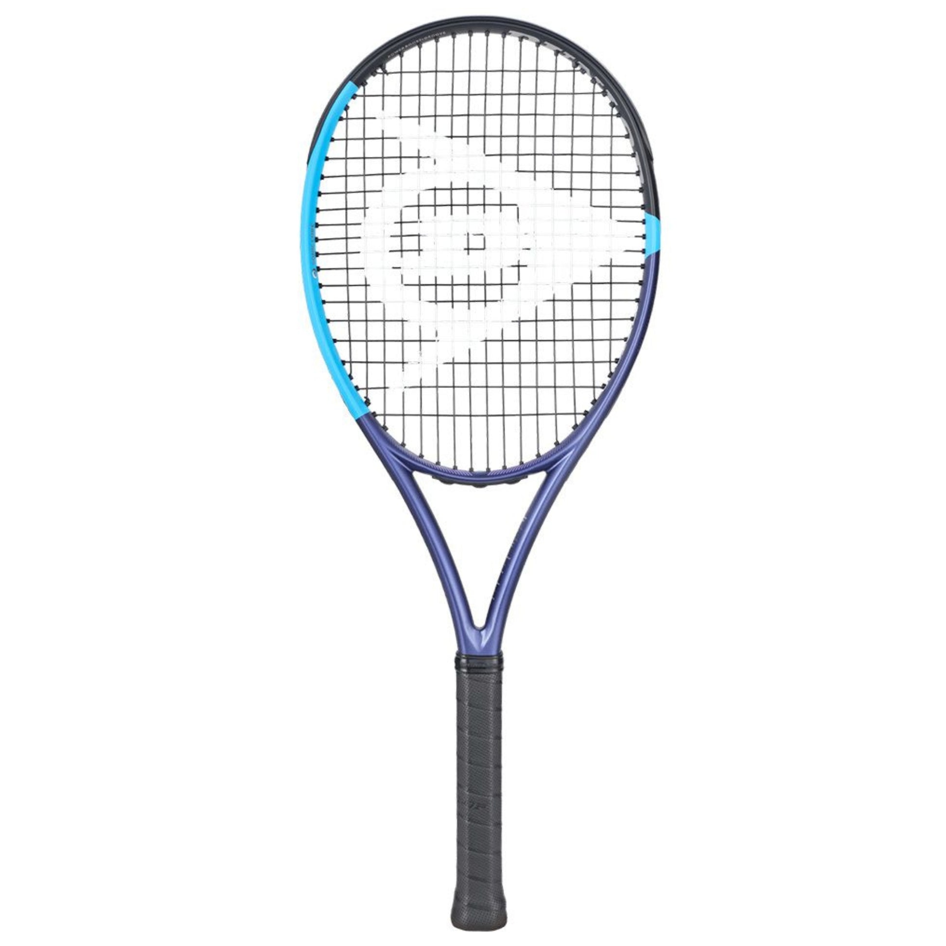 Dunlop tennis racket with blue frame and black handle on a white background