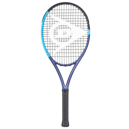 Dunlop tennis racket with blue frame and black handle on a white background