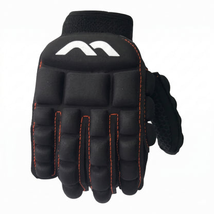 Black Mercian glove with orange stitching on a white background