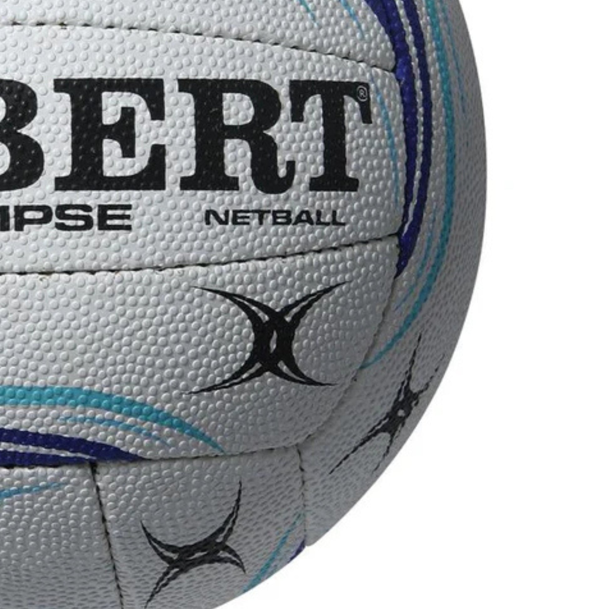 Close-up of a Gilbert netball with branding and text on a white background