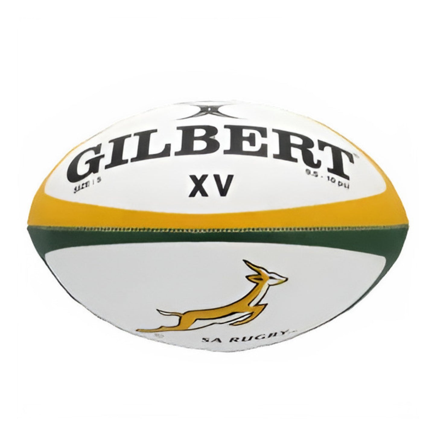 Rugby ball with 'Gilbert' branding and South African rugby logo on a white background