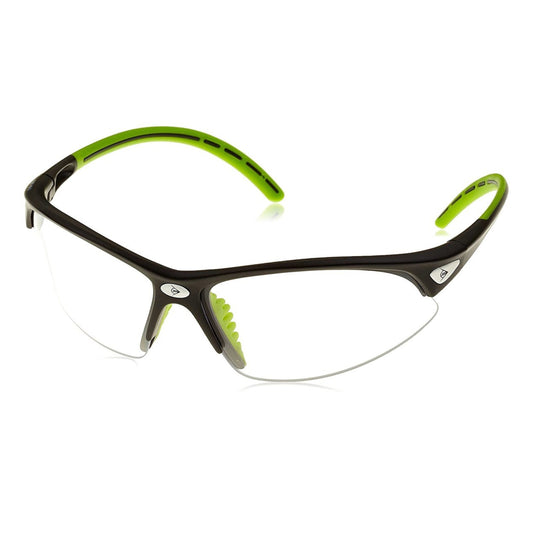 Black and green safety glasses on a white background
