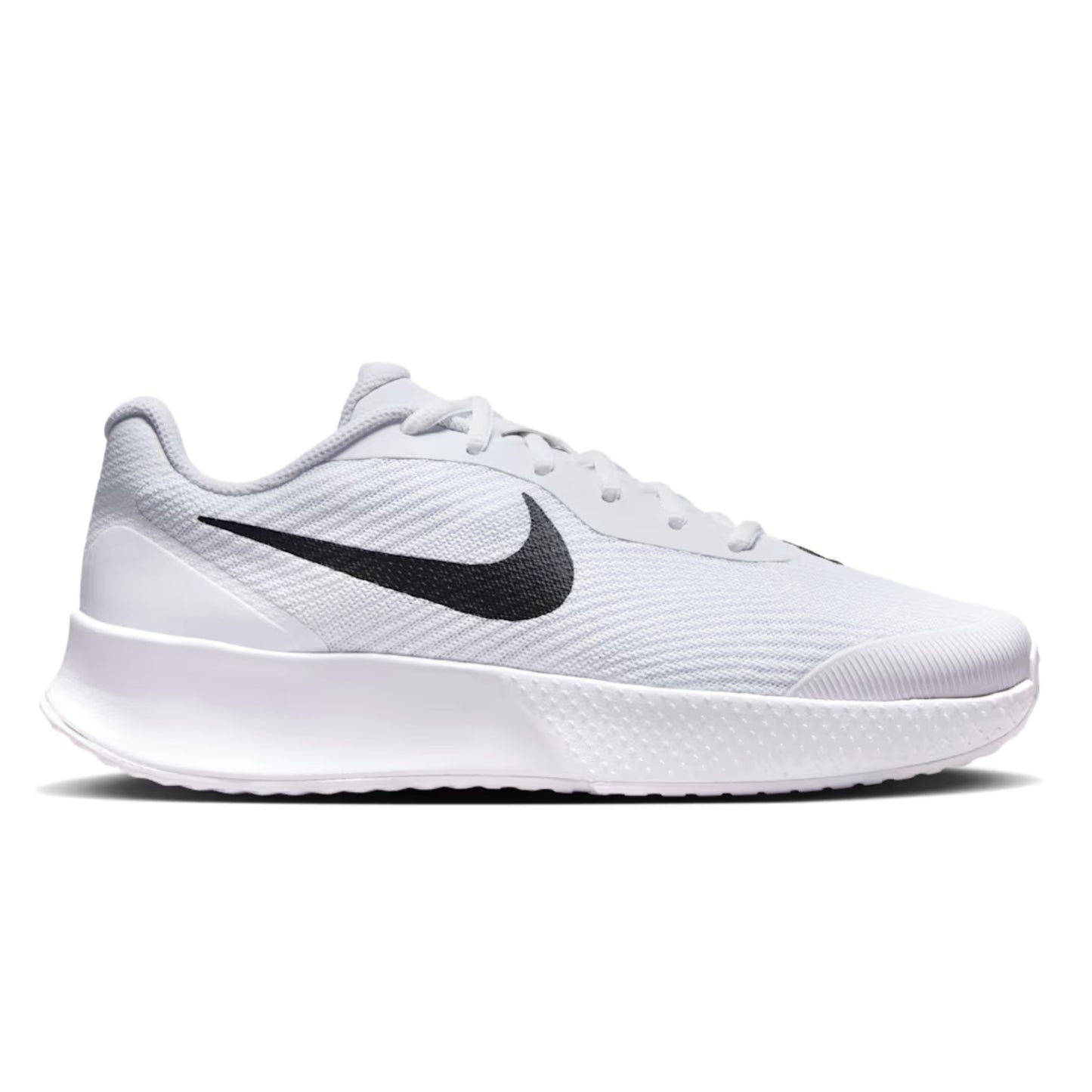 White tennis shoe with black Nike logo on a white background