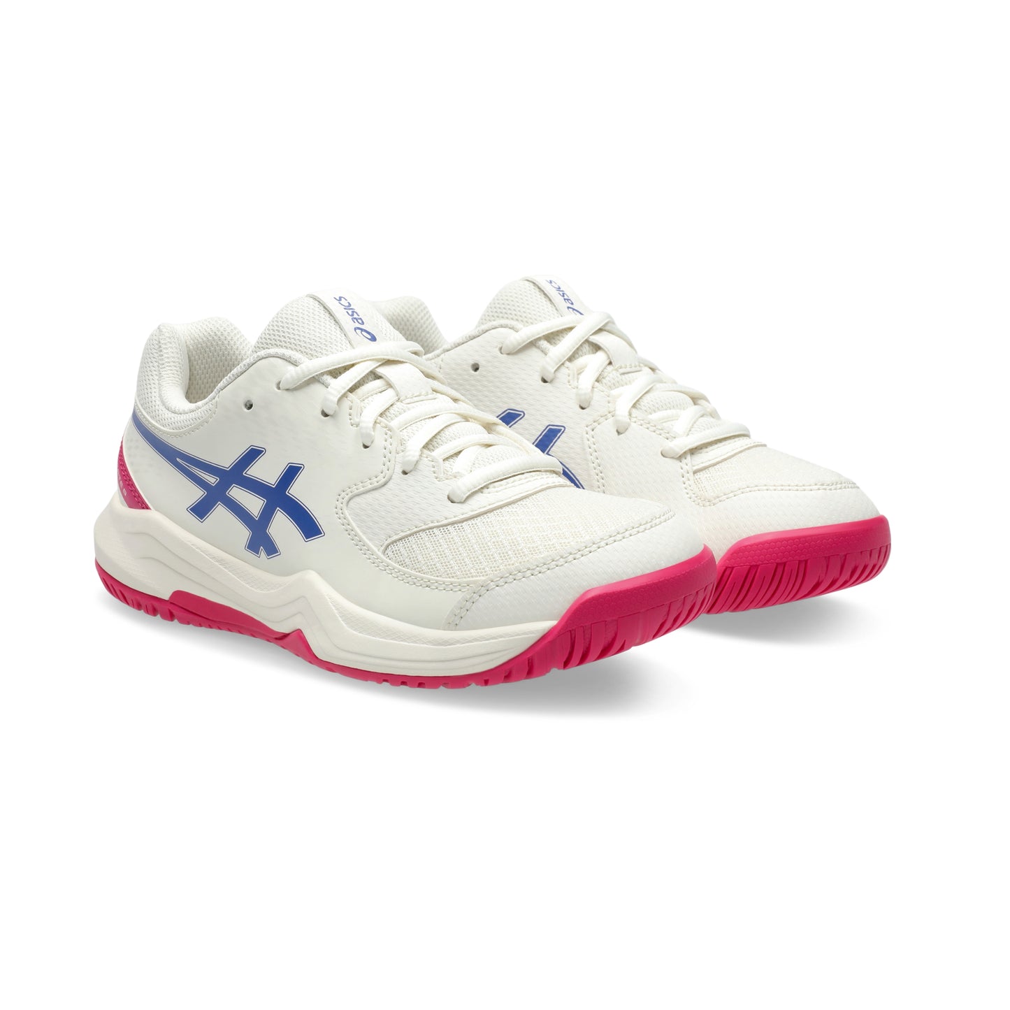 White Asics tennis shoes with blue logo and pink soles on a white background
