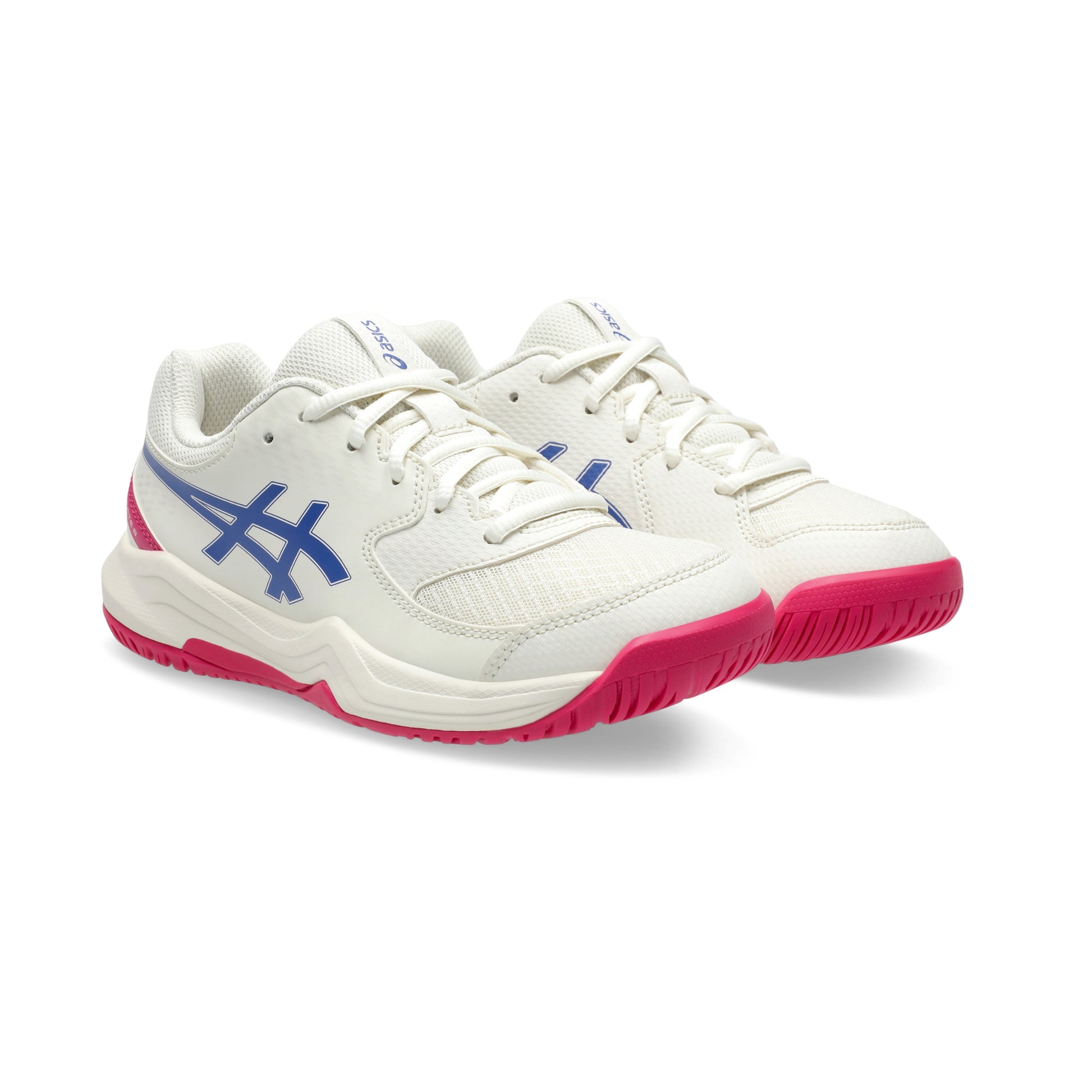 White Asics tennis shoes with blue logo and pink soles on a white background