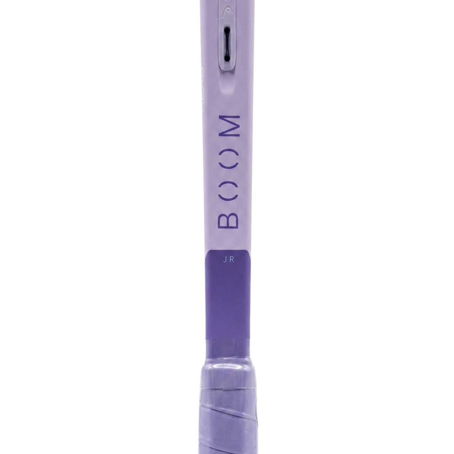 A close-up of a tennis racket shaft in lavender purple, featuring the vertical text 'BOOM' and a grip wrap near the bottom, set against a plain white background.