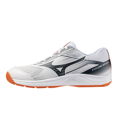 A white Mizuno squash shoe with a white mesh upper, a dark gray and black side stripe, and bright orange outsole accents, shown from a side profile on a white background.
