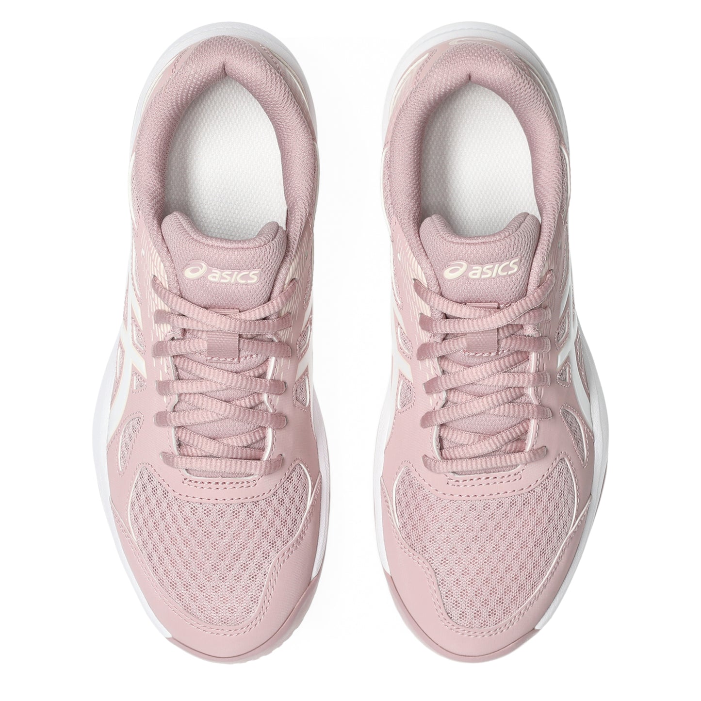 Pair of pink athletic shoes with white laces on a white background