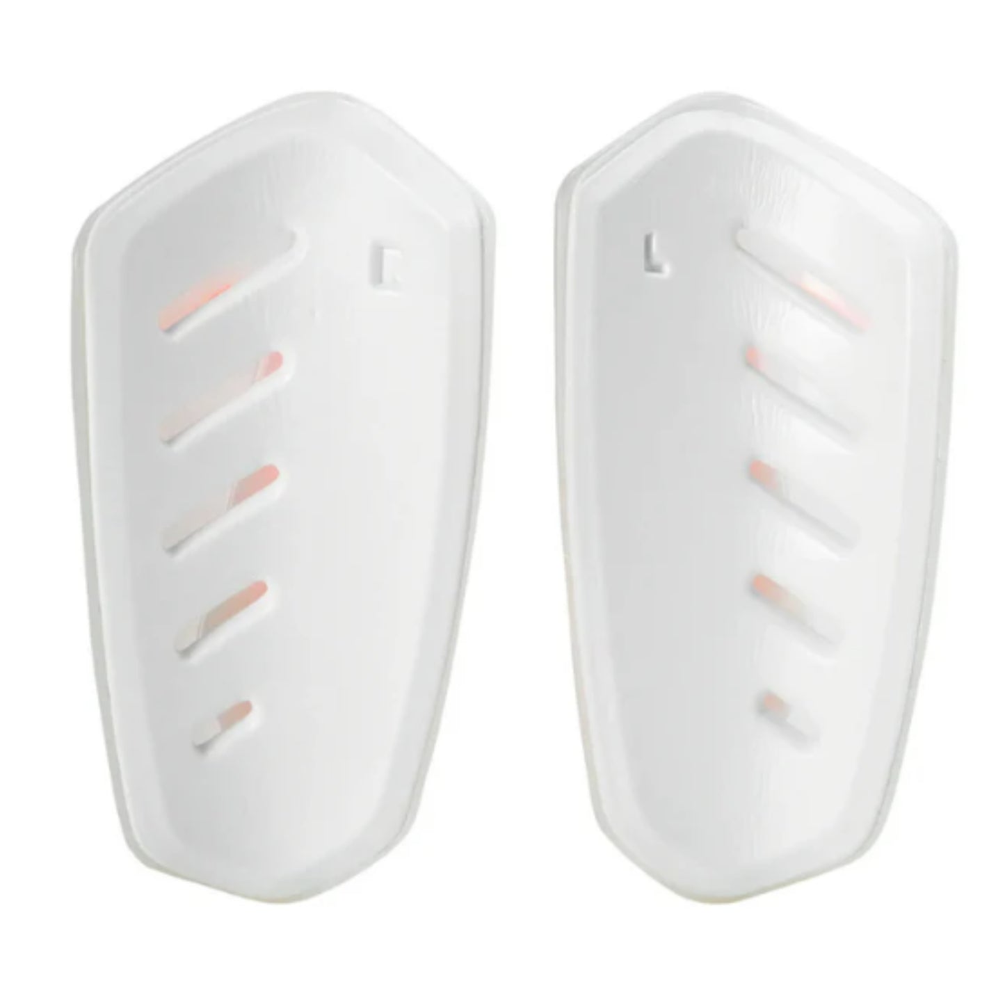 Pair of white shin guards on a white background