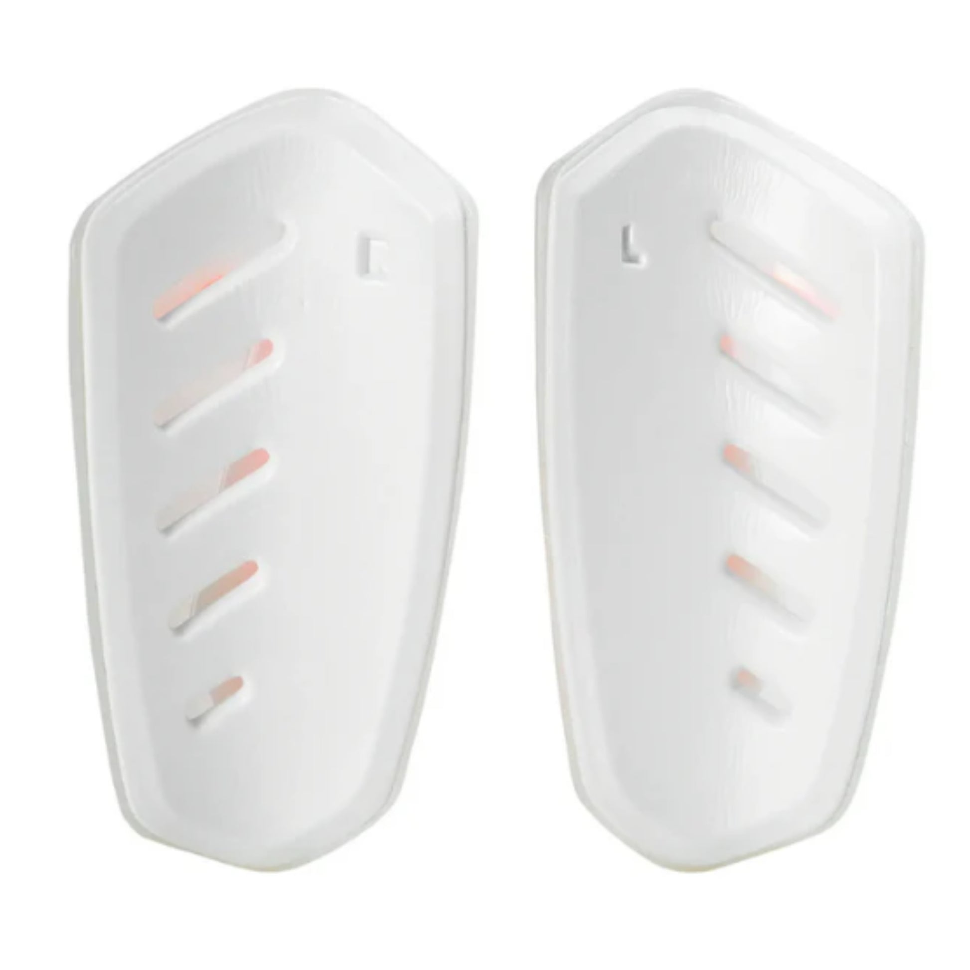 Pair of white shin guards on a white background