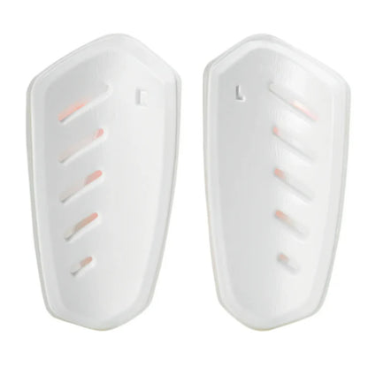 Pair of white shin guards on a white background
