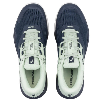 Navy and white padel shoes with HEAD branding on a white background