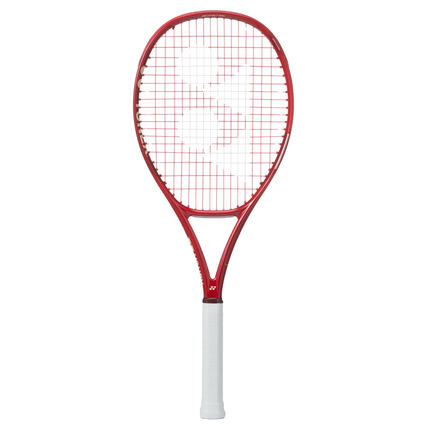 Red Yonex tennis racket with white handle on a white background