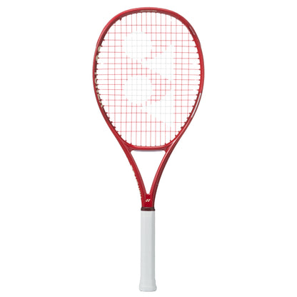 Red Yonex tennis racket with white handle on a white background