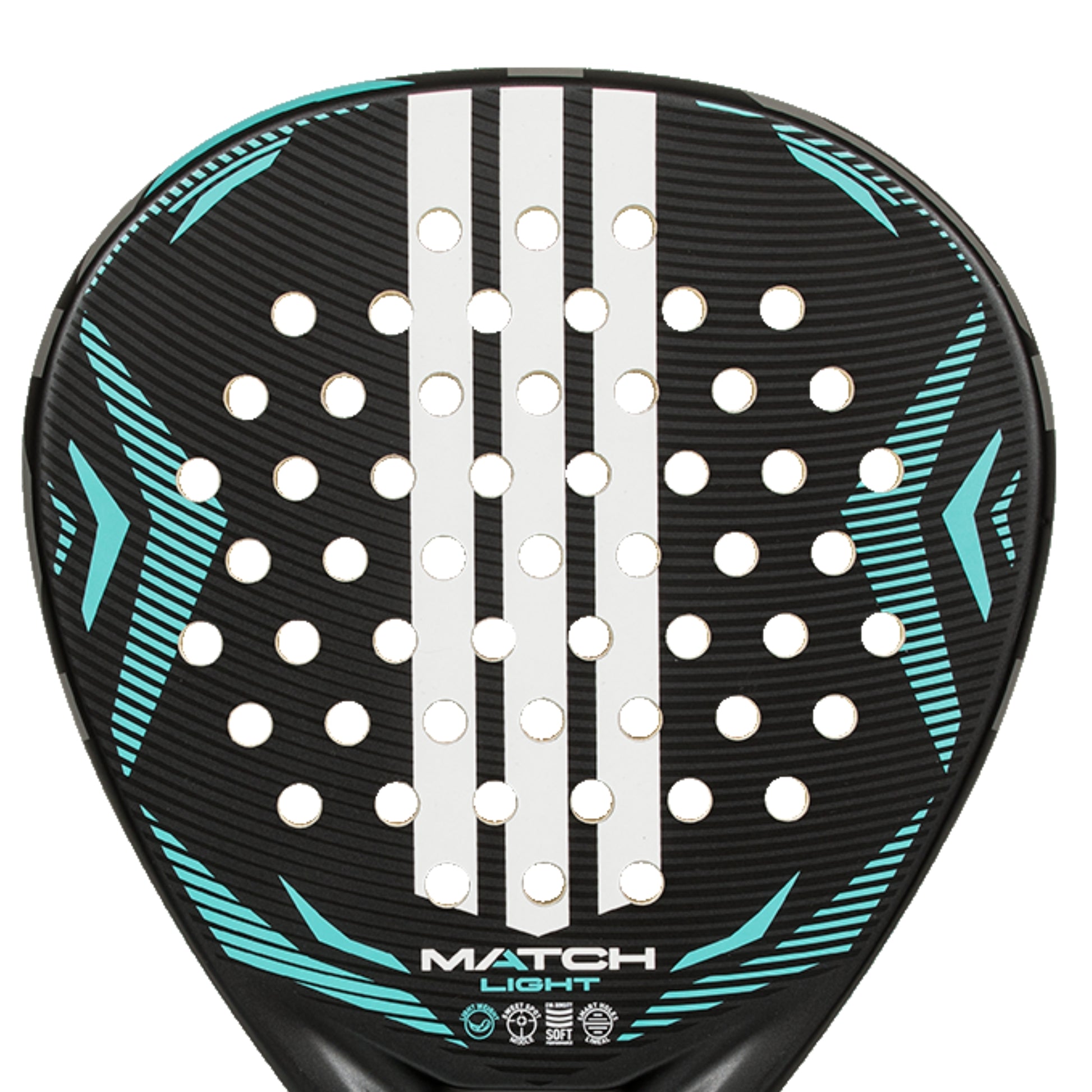 Padel racket with black and teal design on a white background