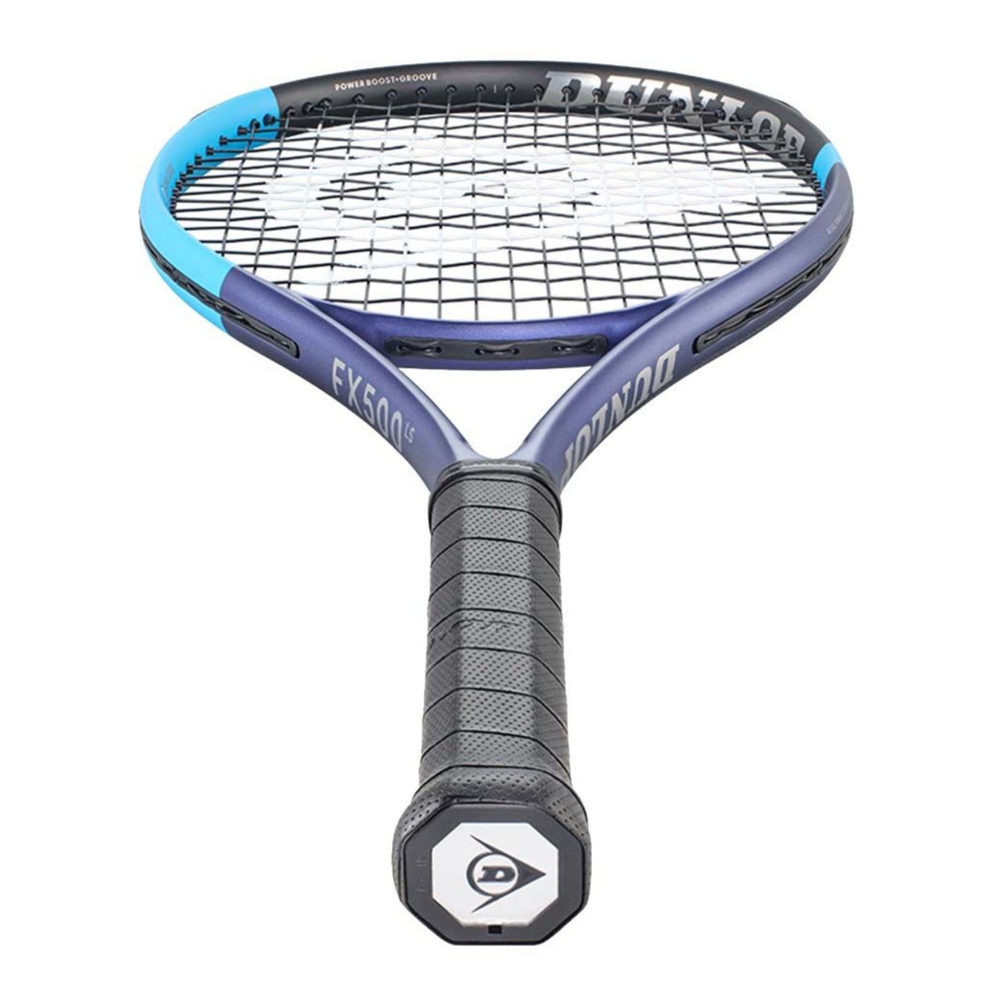 Dunlop tennis racket with blue and black design on a white background