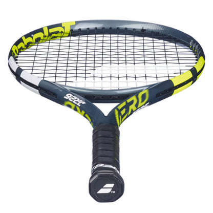 Tennis Babolat racket with blue and yellow design on a white background