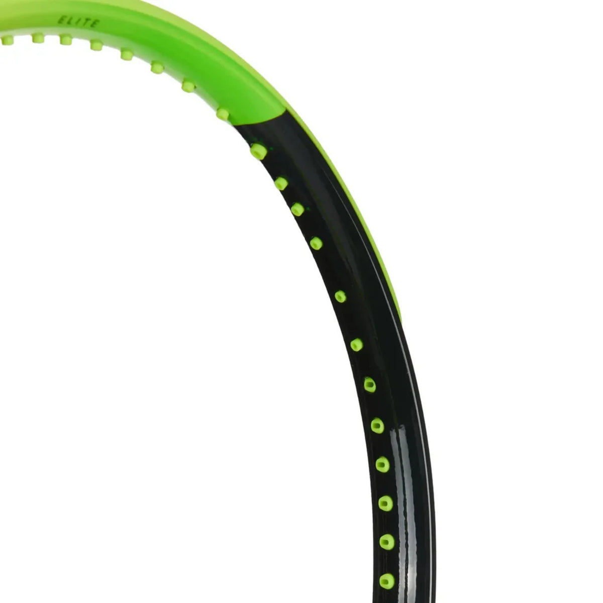 Close-up of a Head tennis racket frame showing a bright lime green throat and upper back, with a black lower back and small lime green dot accents, on a white background.