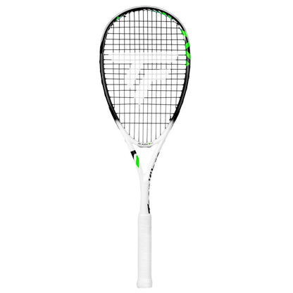 Black and white Tecnifibre squash racket on a white background