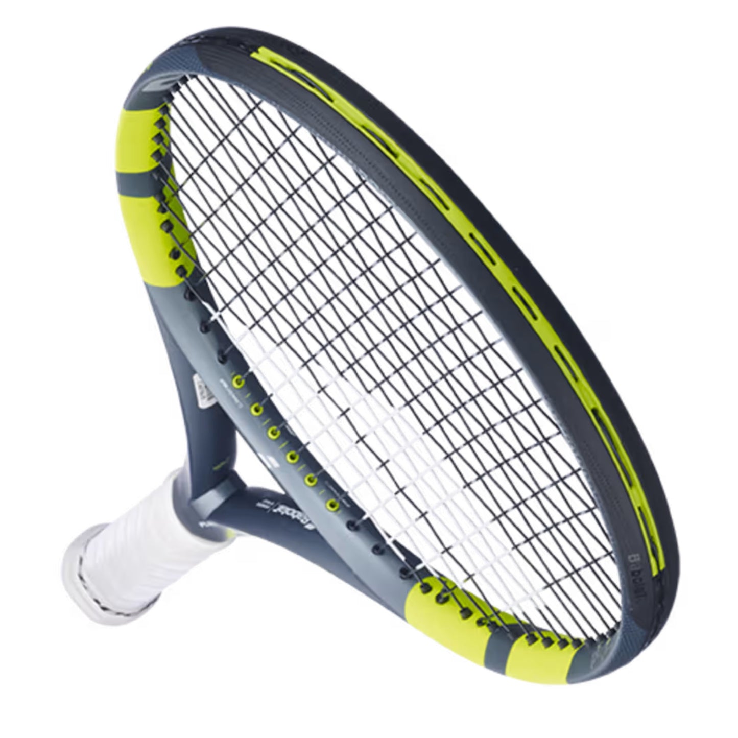 Gray and yellow tennis racket with a white handle on a white background