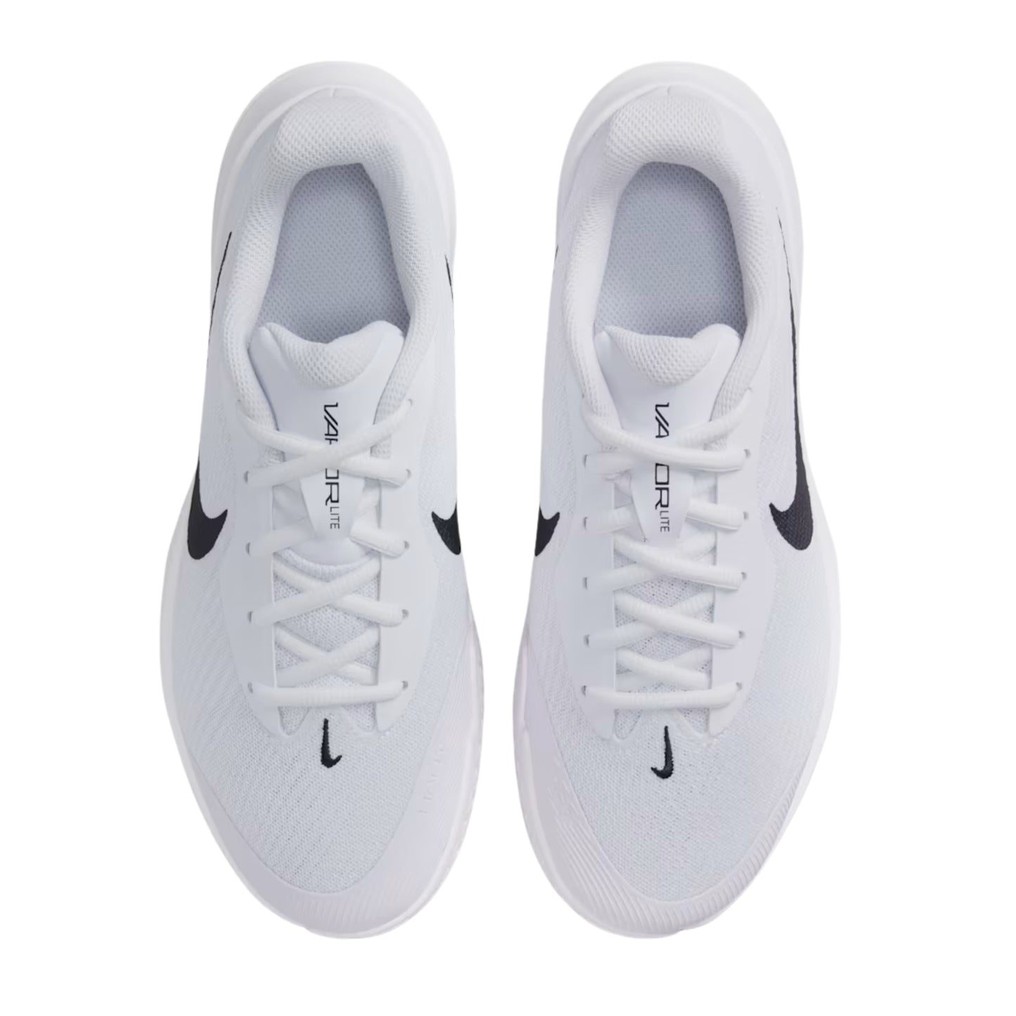 White tennis shoes with black swoosh logo on a white background